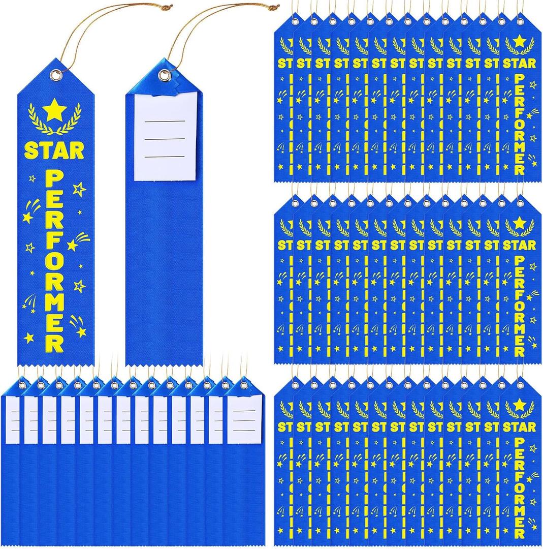 Tingjoo 50 Pcs Star Performer Ribbons 8 x 2 Inches Award Ribbons with Cards and Strings, Prize Achievement Honorable Mention for Team Competition Rewards Participation Gift Prizes