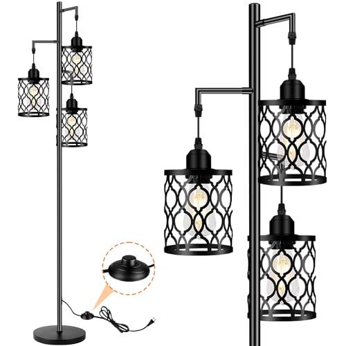 Industrial Floor Lamp, Metal Farmhouse Tall Lamp for Living Room, Rustic Standing Lamp with 3 Elegant Cage Heads, Tree Floor Lamps for Bedrooms, Home Office, Bar, 68", Black, Bulb Not Included