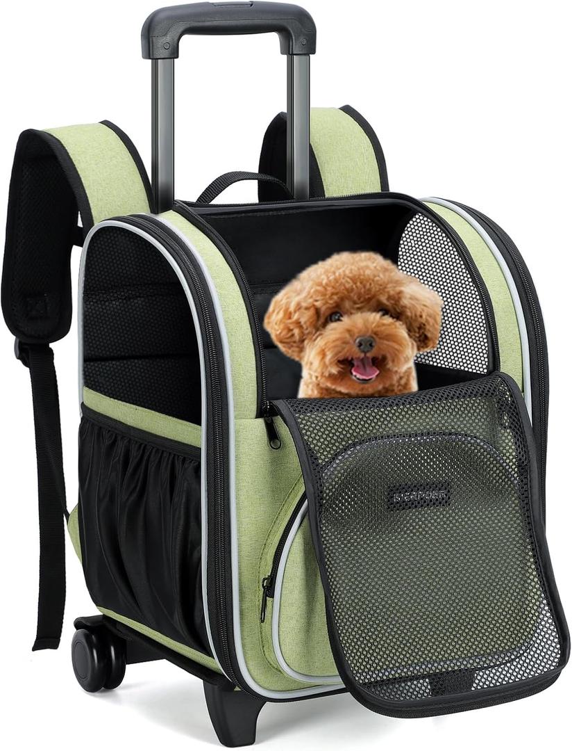 Rolling Pet Carrier Backpack with Wheels - Soft Sided Wheeled Dog Cat Carriers Bag for Under 18LBS Mesh Windows Pockets Airline Approved Travel Carrier for Small Pets Cats Dogs Puppies