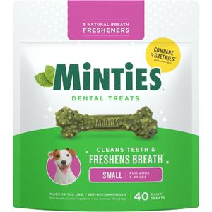 Minties Dog Dental Bone Treats, Tiny/Small Dental Dog Treats, 16 Ounces, Cleans Teeth, Fight Bad Breath, Removes Plaque and Tartar, 40 Count (EXP 03/10/28)