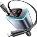 iPhone Car Charger, Retractable Fast USB C Phone Charger, 4 in 1 Cigarette Lighter Adapter with 2 Cables 25 Inch and 2 USB Ports, Multi Port USB Car Charging for iPhone 17/16/15/14/13/Pro Max (Grey)