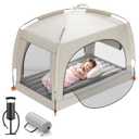 QPAU Inflatable Toddler Travel Bed with Tent  Lightweight Blow Up Kids Air Mattress with Hand Pump  Indoor & Outdoor Portable Sleeping Solution for Camping, Travel, Home, Grandmas  Ages 3+ (A-Khaki Gray)