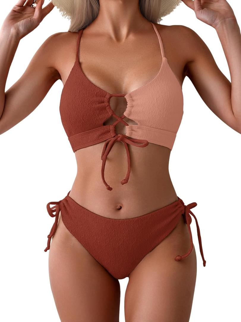 B2prity Women's Sexy Bikini Set Color Block Lace Up 2 Piece Bathing Suit Tie Side Swimsuit (Large, Red Brown Block)