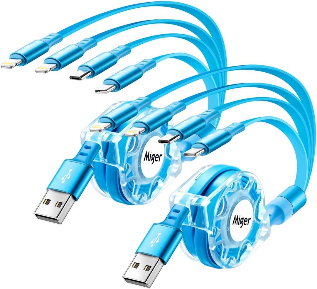 Multi Charging Cable 4A,Retractable Charger Cable [2Pack 4Ft] Multi Charging Cord 4 in 1 Fast Charger Cord with Lightning/Type C/Micro USB Port for Cell Phones,iPhone,iPad,Samsung Galaxy,PS,Tablets
