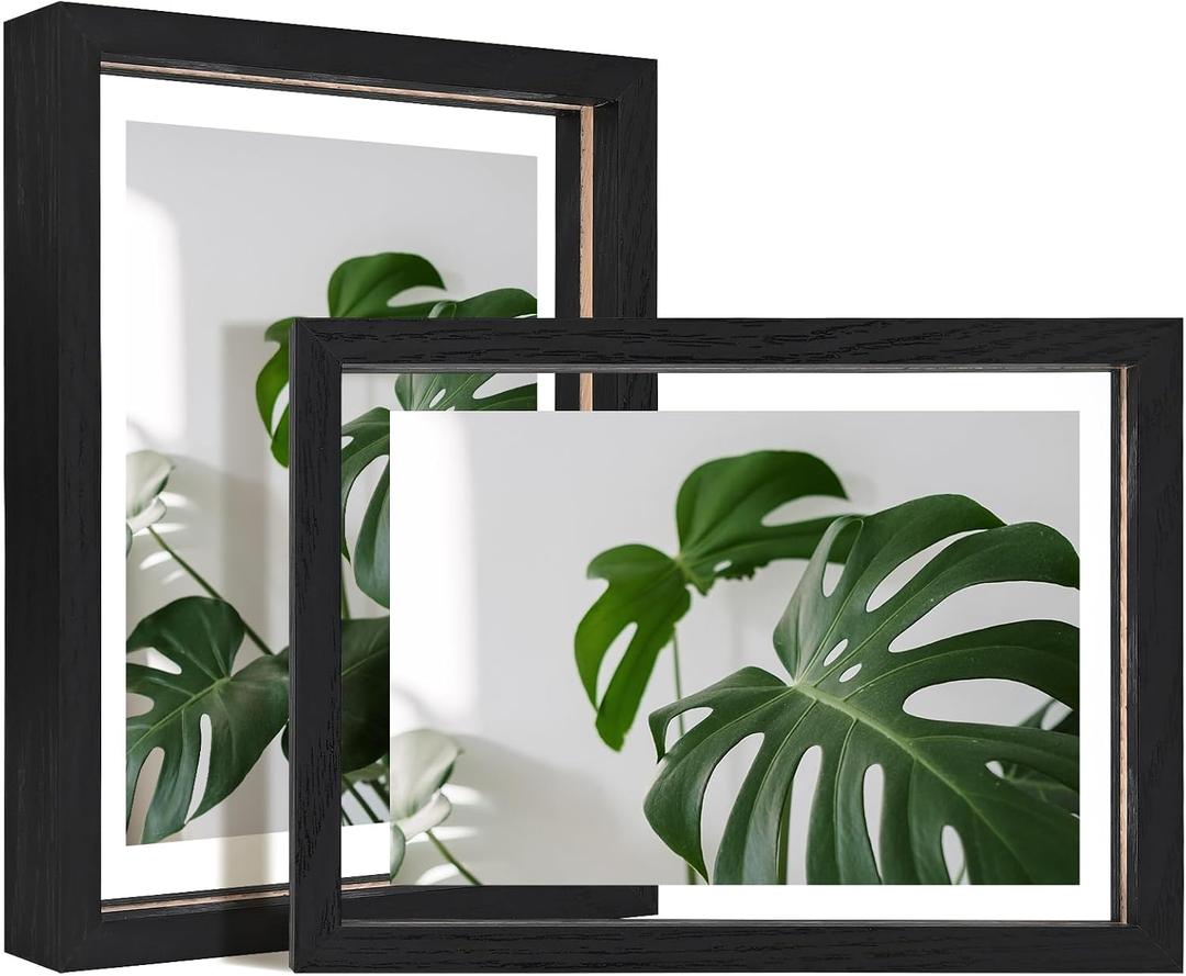 Egofine 5x7 Floating Frames Set of 2, Double Plexiglass Picture Frame, Made of Solid Wood Display Any Size Photo up to 5x7, Wall Mount or Tabletop Standing, Black with Texture