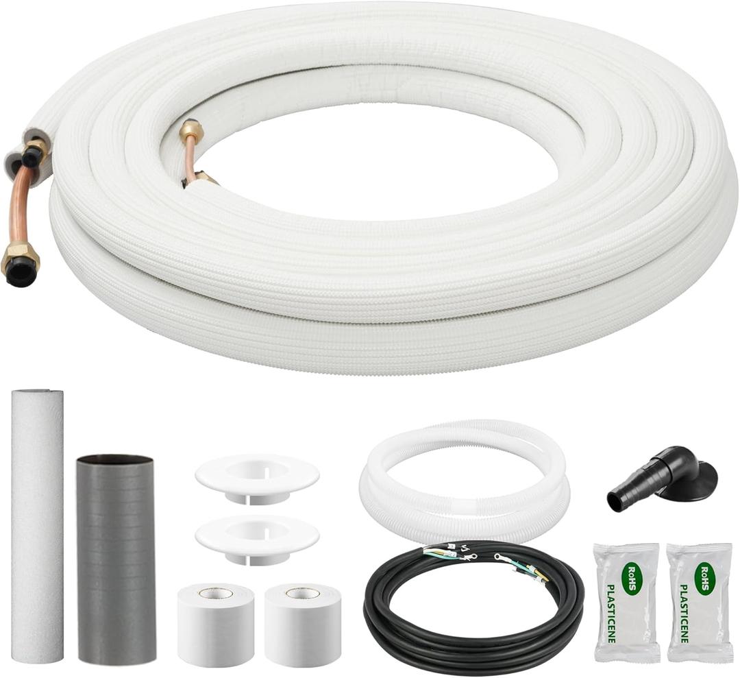 DELLA 25 Ft Mini Split Line Set, Includes 3/8" & 1/4" O.D. copper pipes with flared nuts and a 3/8" thick white PE insulated coil. Perfect for mini split ACs and other HVAC systems