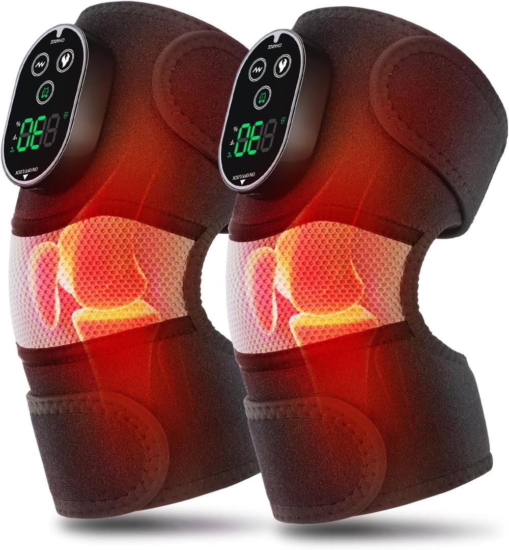 2-Pack Cordless Heated Knee Massager, Knee Heating Pad for Pain Relief, Heated Knee Wrap, 6 Heat Levels, 3 Vibration Modes & Timer, Adjustable Heated Pad Wrap for Knee, Shoulder