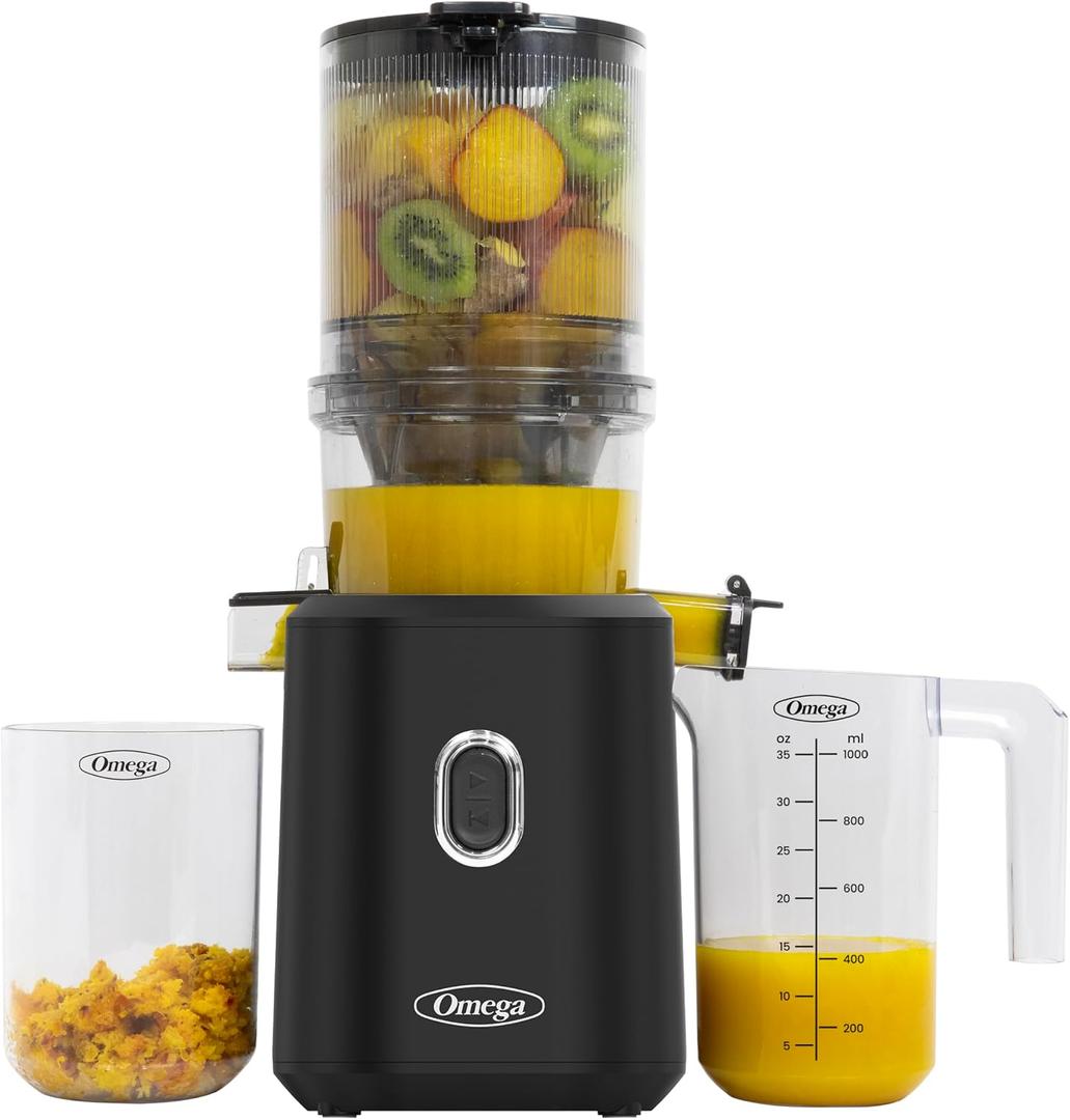 Omega Cold Press Juicer Slow Masticating Hands Free Juicer Machine for Vegetables and Fruits with Wide Mouth Hopper for Whole Recipe Batch Juicing, Time Saving Series, Easy to Clean, 150-Watt Motor