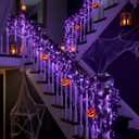 Halloween Black Garland with Purple Lights, 6.56 ft Lighted Cedar Pine Needle Artificial Garland with LED Faux Realistic Hanging Vine Twigs for Halloween Mantle Banister Fireplace Decor