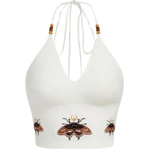 Verdusa Women's Crop Halter Tops Y2k Goth Clothes Crochet Cami Sleeveless Tie Backless Boho Knit Top Camisole (Medium, White)
