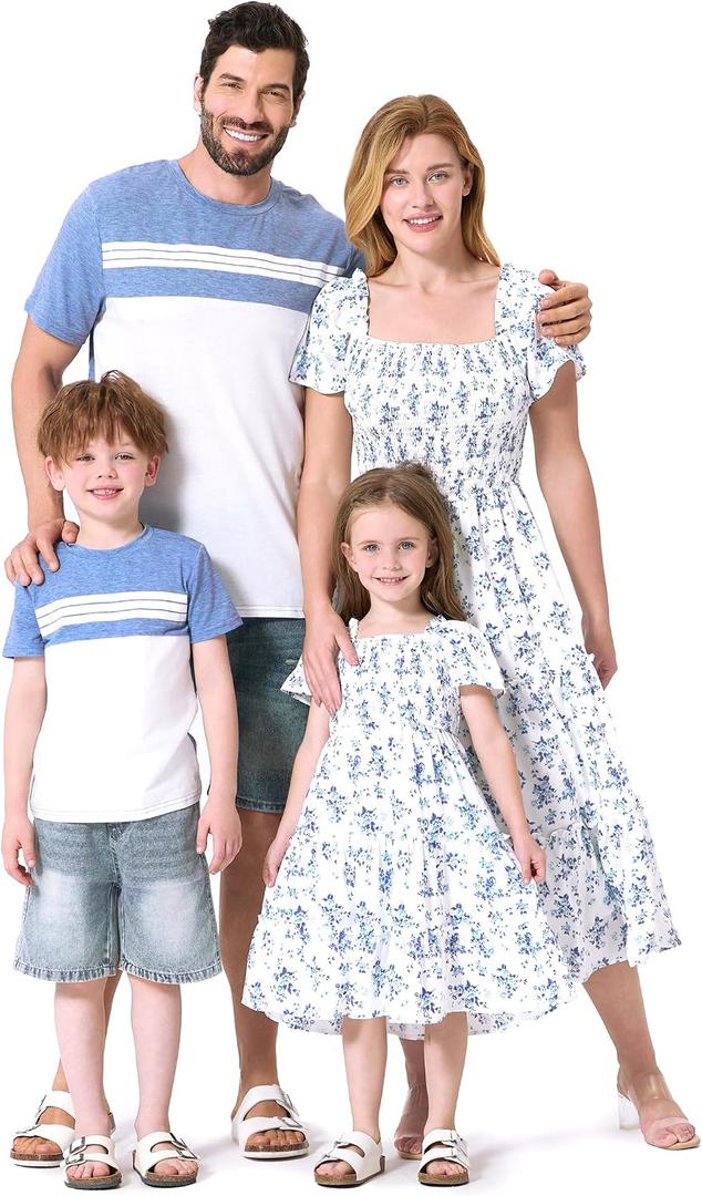 PATPAT Family Matching Outfits Mommy and Me Dresses Ditsy Floral Beach Vacation Photo Dresses and T-Shirts Matching Sets Size 4-5Y