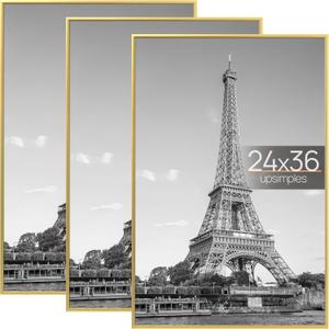 upsimples 24x36 Poster Frame Gold 3 Pack, Scratch-Proof Picture Frames 24 x 36 for Photo Gallery - Slide-In Strips, Horizontal or Vertical Wall Mounting