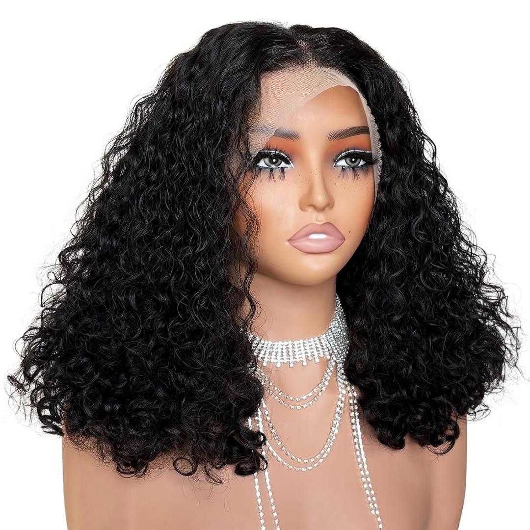 ijoy Burmese Curly Human Hair Wig 13x4 Lace Front Wigs 180 Density Pre Plucked Brazilian Tiny Knots 18 Inch Lace Frontal Wig Natural Black Blend Curly (Black (Little little darker than natural color, More elegant)