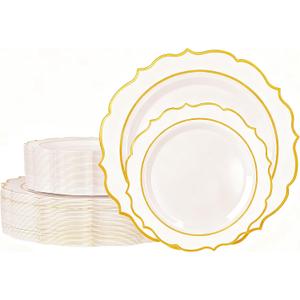 120PCS White Plastic Plates, Disposable Party Plates with Gold Rim, Heavy Duty 60 Dinner and 60 Dessert Fancy Plate for Party and Wedding