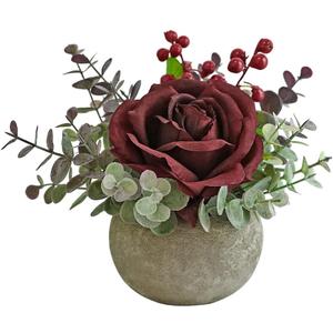 Artificial Flowers Kit with Pot, Combination of Fake Silk Burgundy Red Roses and Greenery,Small Plant Potted Decor for Offices,Bookshelf,Bedroom, Living Room,Party,Wedding Decorations