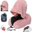 Travel Pillow with Extra Large Hood for Airplane Long Flights Privacy and Comfort Memory Foam with Velvet Cover for Road Trip Head&Neck Support for Plane Office Cars Sleeping & Rest (Pink)