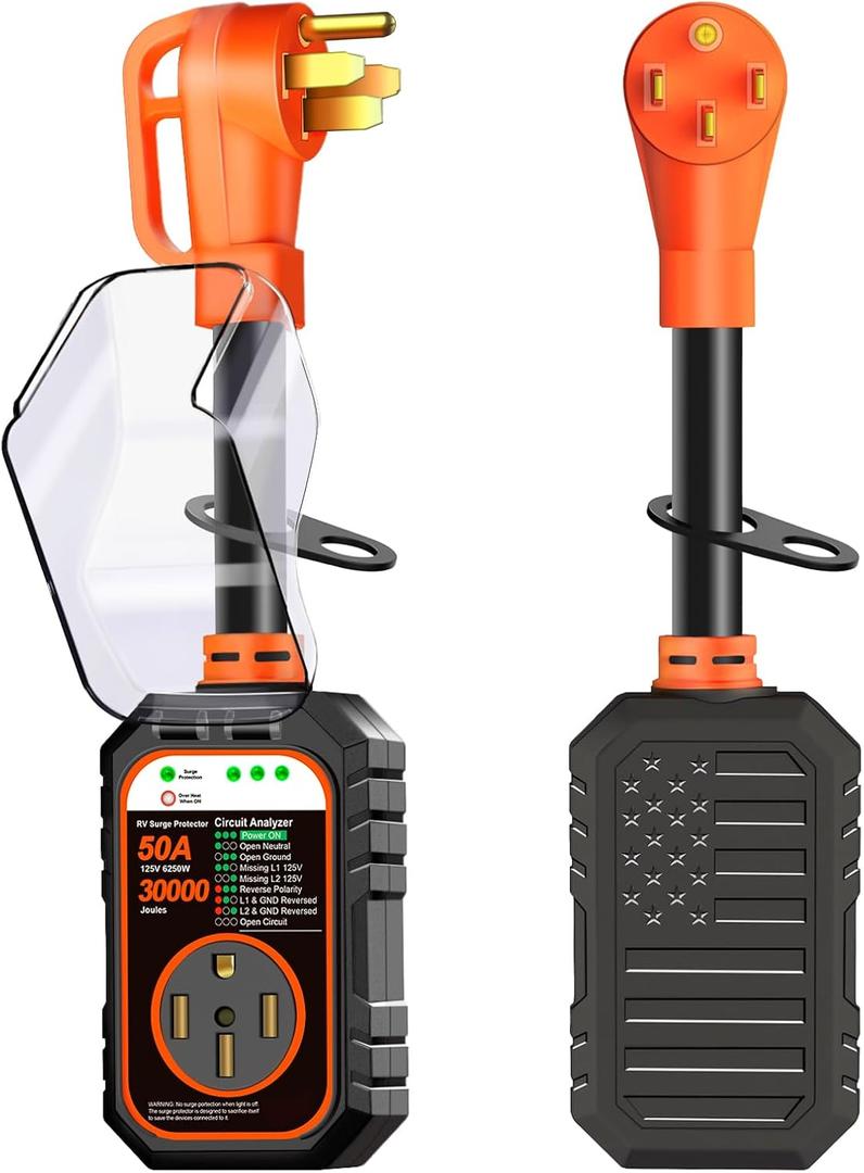 30000J 50Amp RV Surge Protector 50 Amp Flag Design - Upgraded Power Surges Voltage Protection Circuit Analyzer IP68 Waterproof Cover for 50A RVS Camper Trailer Must Haves (50Amp, Orange)