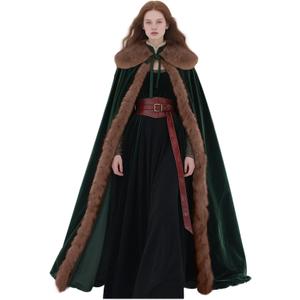L'VOW Viking Fur Cloak Renaissance Fur Cape Velvet Cloak Medieval Cosplay Costume Women Men (Dark Green)