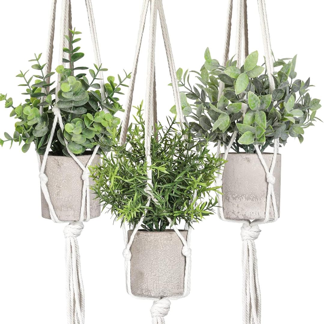 Artificial Plants 3 Pack Mini Fake Plants Fake Hanging Plants Artificial Decor with 3 Macrame Plant Hangers Decorative Plants Faux Hanging Plants Greenery Decor for Wall Kitchen Bathroom Home Office (Rosemary & Eucalyptus)