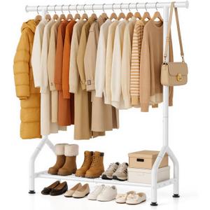 EAGMAK Sturdy Clothing Racks with Shelf, Metal Clothes Rack with Leveling Feet for Hanging Clothes, Freestanding Garment Coat Rack for Bedroom, Apartment & Small Spaces, White