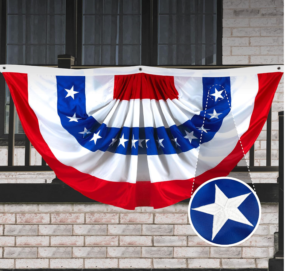 G128 USA Pleated Fan Flag 3x6 Ft American USA Bunting Flags Outdoor Embroidered Patriotic Memorial Day Independence Day 4th of July Decoration Red White Blue