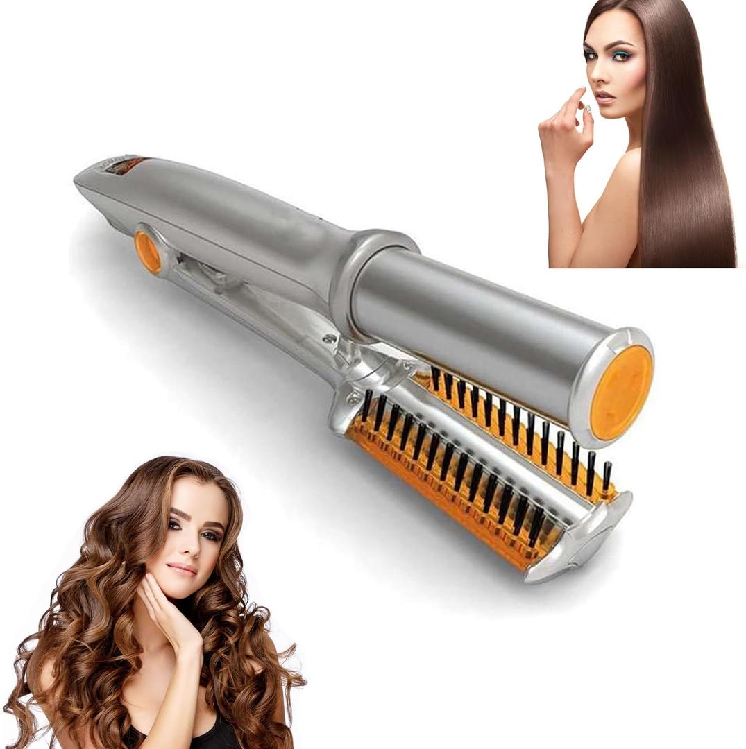 2 in1 Hair Curler Straighter Rotating Iron, Curling Iron Wand for Hair Curling and Straighting, Dry and Wet Styling Tool, Travel for Girls Women (Yellow)