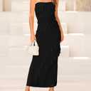 BTFBM Women Summer Elegant Strapless Midi Ruched Bodycon Dress Solid Color Stretch Mesh Slim Party Cocktail Dresses (Black, L)