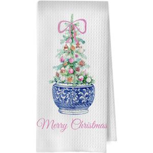 Chinoiserie Christmas Kitchen Towels - Pink Coquette Bow Waffle Decorative Dish Towels, Blue and White Porcelain Chinoiserie Hand Towel, Christmas Kitchen Bathroom Decor, 16x24 Inches (Christmas Tree- 07)