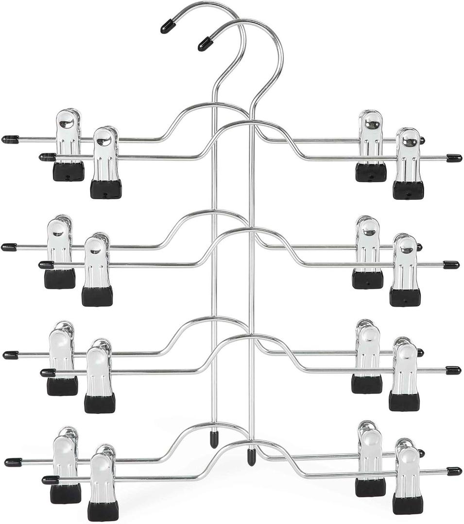 TOPIA HANGER 4 Tier Metal Skirt Hangers for Women, Pants Hanger Space Saving with Adjustable Clips, Gain 70% More Space, Non Slip Grip for Slacks, Trousers, Shorts, Jeans, Towels, Black, 2-Pack, CT20B