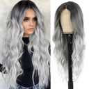 Long Grey Wavy Wig for Women 26 Inch Ombre Grey Middle Part Curly Synthetic Hair Wig Natural Look Heat Resistant Fiber for Daily Party Use