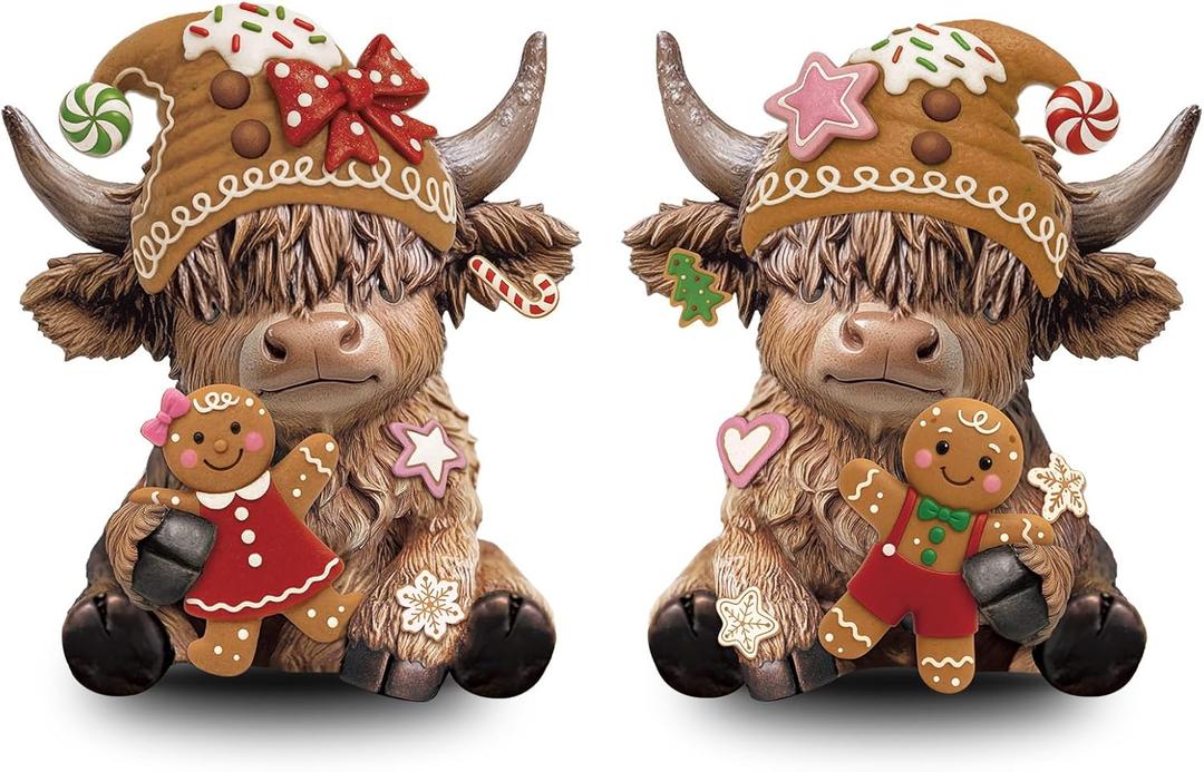 Karenhi 2 Pcs Highland Cow Figurines Christmas Gingerbread Man Highland Cow Gnomes Scottish Resin Statue Calf Lovers Gifts for Xmas Home Garden Kitchen Office Tiered Tray Table Decor