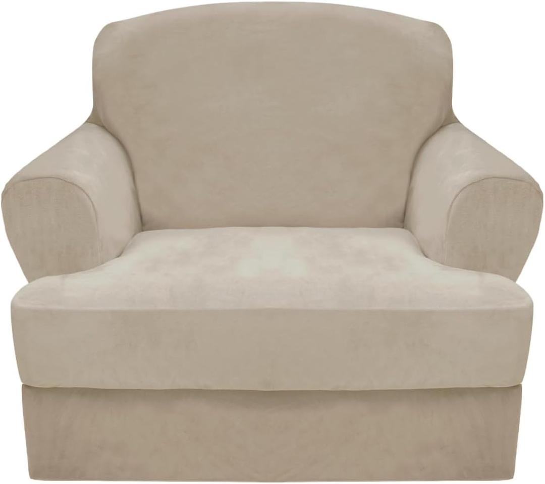 CUCRAF T Cushion Sofa Cover 2 Piece Armchair Slipcovers, Soft Thick Velvet Couch Cover for Living Room, Washable High Stretch Furniture Protector with 1 Cushion Chair Slipcover (Chair, Ivory)