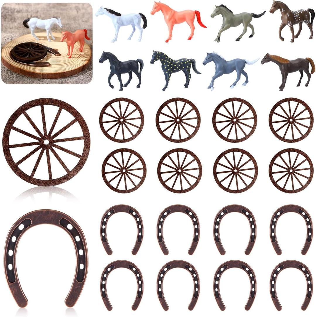 Junkin 24 Pcs Western Party Decorations Cowboy Centerpieces Mini Horse Figurines Small Metal Horseshoes Wagon Wheel Crafts for Cowboy Cowgirl Western Table Decorations Derby Party Decor Supplies