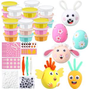 Blosssound 24 Pack Easter Clay DIY Kit with Sticker Make Your Own Easter Air Dry Clay Kit DIY Bunny Egg Chick Lamb Molding Art Craft Gift for Spring Basket Stuffers Birthday Holiday Party Favor
