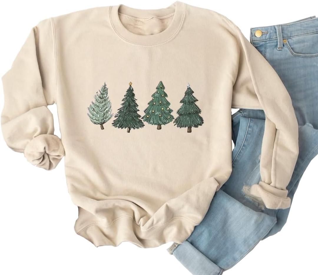 Yimoya Leopard Merry Christmas Tree Sweatshirt Womens Plaid Holiday Merry Blouse Xmas Tops (B-Cream, S)