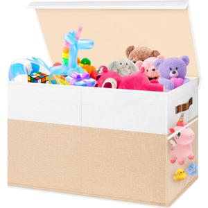Large Toy Box, Collapsible Sturdy Storage Chest With Lids, Kids Toy Chest Storage Organizer Toddler Bin Boxes for Living Room, Bedroom, Nursery, 25"x13"x16", Beige & White