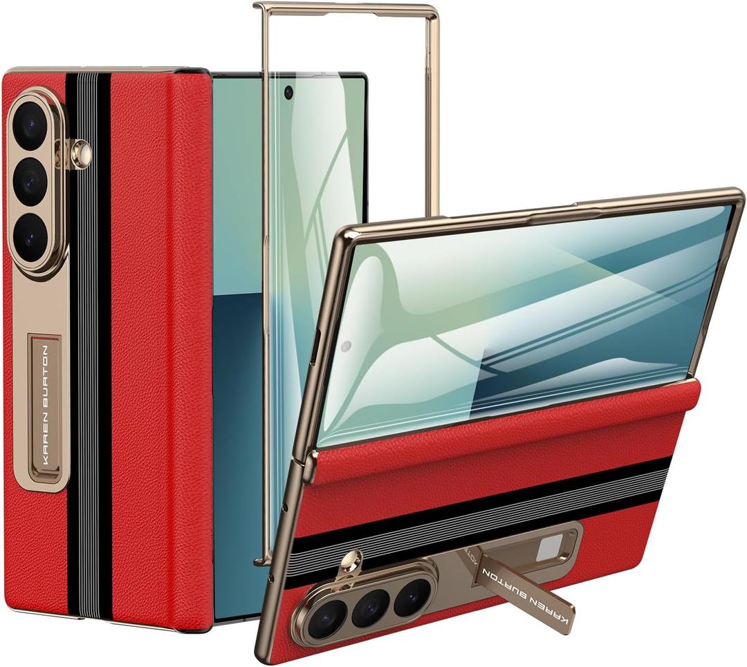 Samsung Galaxy Z Fold 7 Phone Case [Luxury Genuine Leather] [Kickstand Hinge Protection] [Built-in Screen Protector] [Full Body Anti-fall Ultra Slim] Protective Case for Galaxy ZFold 7 (Red)