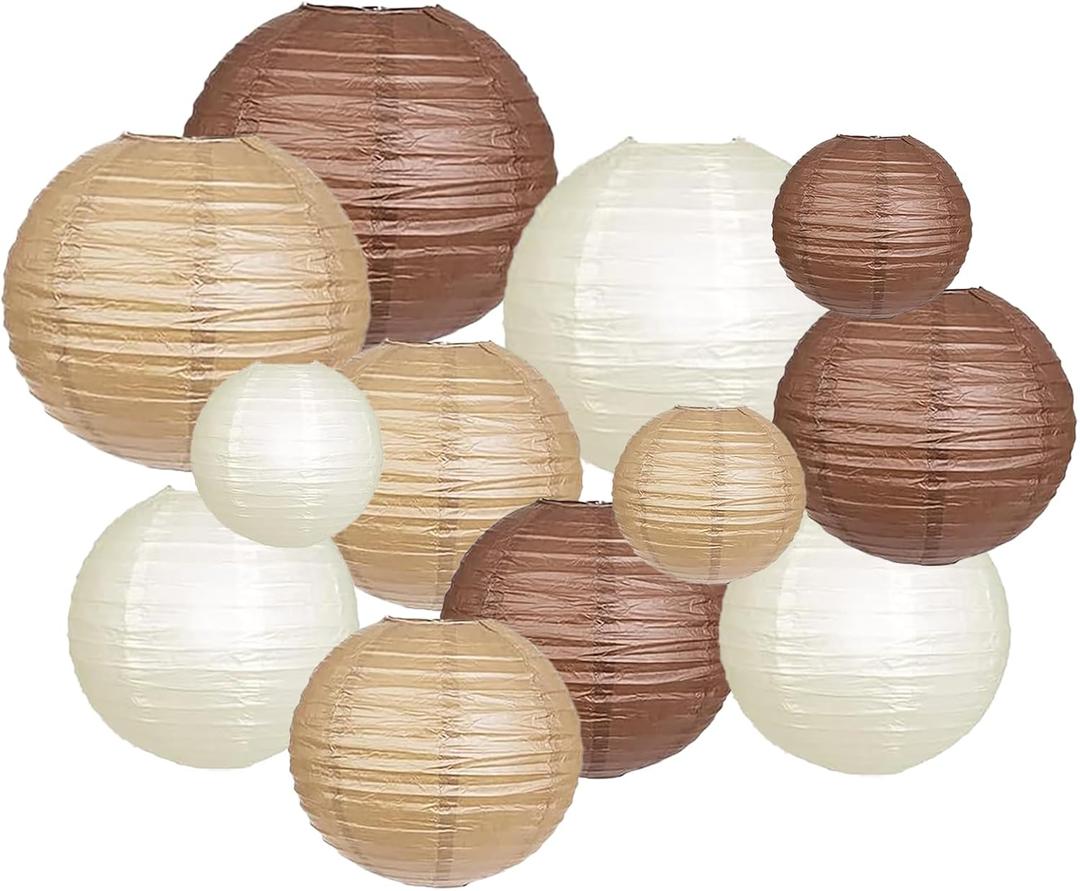ZOOYOO Brown Paper Lanterns Decorative, Caramel Boho Party Hanging Paper Lanterns Decorations for Rustic Neutral Birthday Wedding Bridal Shower Western Graduation Home Decor Party Decoration 12PCS (Coffee/Khaki/Cream)
