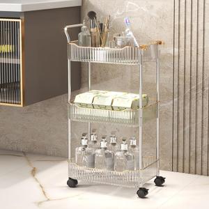 Acrylic Storage Trolley, Bathroom Kitchen Rolling Utility Cart Mobile Organization Shelves with Handle and Lockable Wheel(Clear,3 Tier)