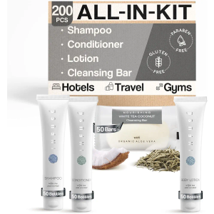 Infuse Soaps & Toiletries Bulk Set | 1-Shoppe Amenities Kit for Hotels & Vacation Rentals | 1 oz Shampoo, Conditioner & Lotion, 40g Bar Soap | Travel Size | 200 Pieces