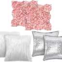 Oudain 6 Pcs Decorative 3D Rose Flower Pillow Cover, 16 x 16 Inch Faux Fur Throw Pillow Covers for Bed Square Sofa Bedroom Car(Pink, White, Silver)