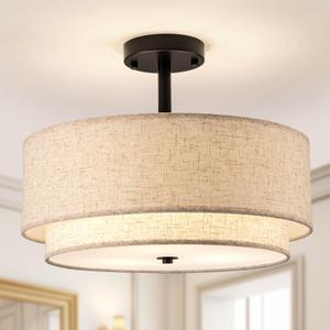 Drum Semi Flush Mount Ceiling Light, 16 inch 3 Lights Ceiling Light Fixture with 2-Layer Fabric Shade, Black Farmhouse Drum Ceiling Lighting for Bedroom Hallyway Dining Room Kitchen
