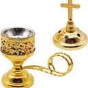 Solid Brass Color Incense Burner with Cross Lid - 6 Inch Charcoal Censer for Catholic Church, Home Altar - Thurible for Frankincense, Resin, Bakhoor