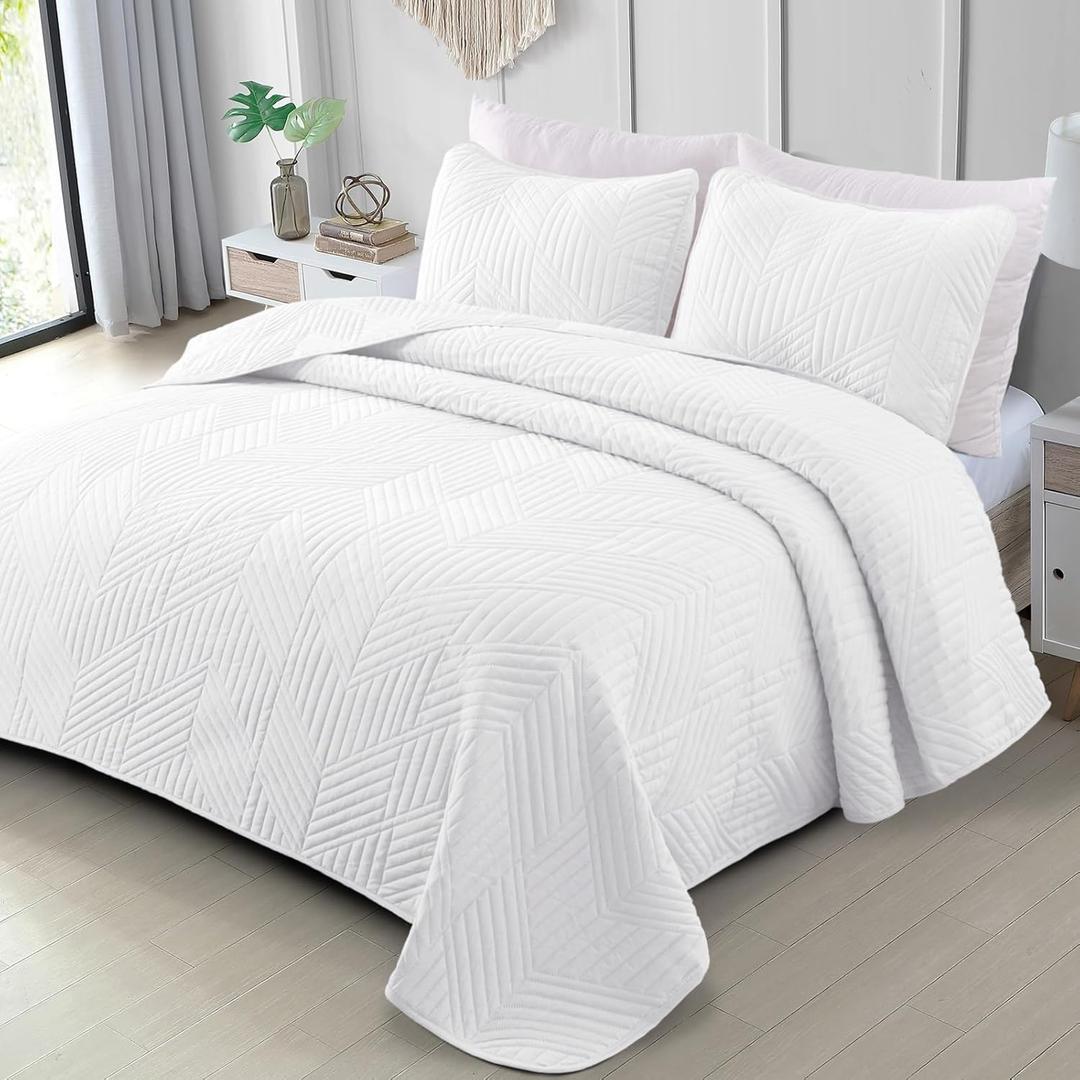 Exclusivo Mezcla Ultrasonic Full Queen Quilt Bedding Set, Lightweight White Bedspreads Soft Modern Geometric Coverlet Set for All Seasons (1 Quilt and 2 Pillow Shams)