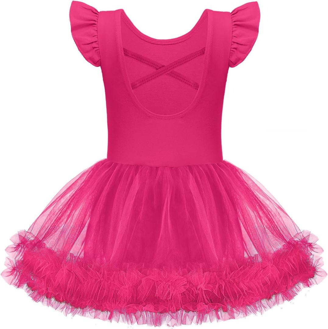 Zaclotre Ballet Leotards for Girls Ruffle Sleeve Criss-Cross Back Dance Leotard Toddler Tutu Dance Dresses Ballerina Costume (Size: 6-7 Years, Pink)