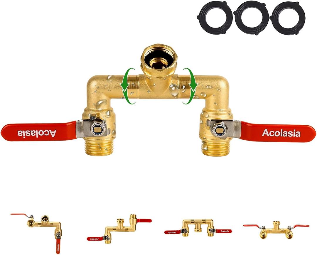 Hose Splitter 2 Way Heavy Duty Brass Garden Hose Splitter with 360 Rotatable, 304 Stainless Steel Long Handle Outdoor Full Flow Hose Splitter Connector, 3/4" GHT Thread