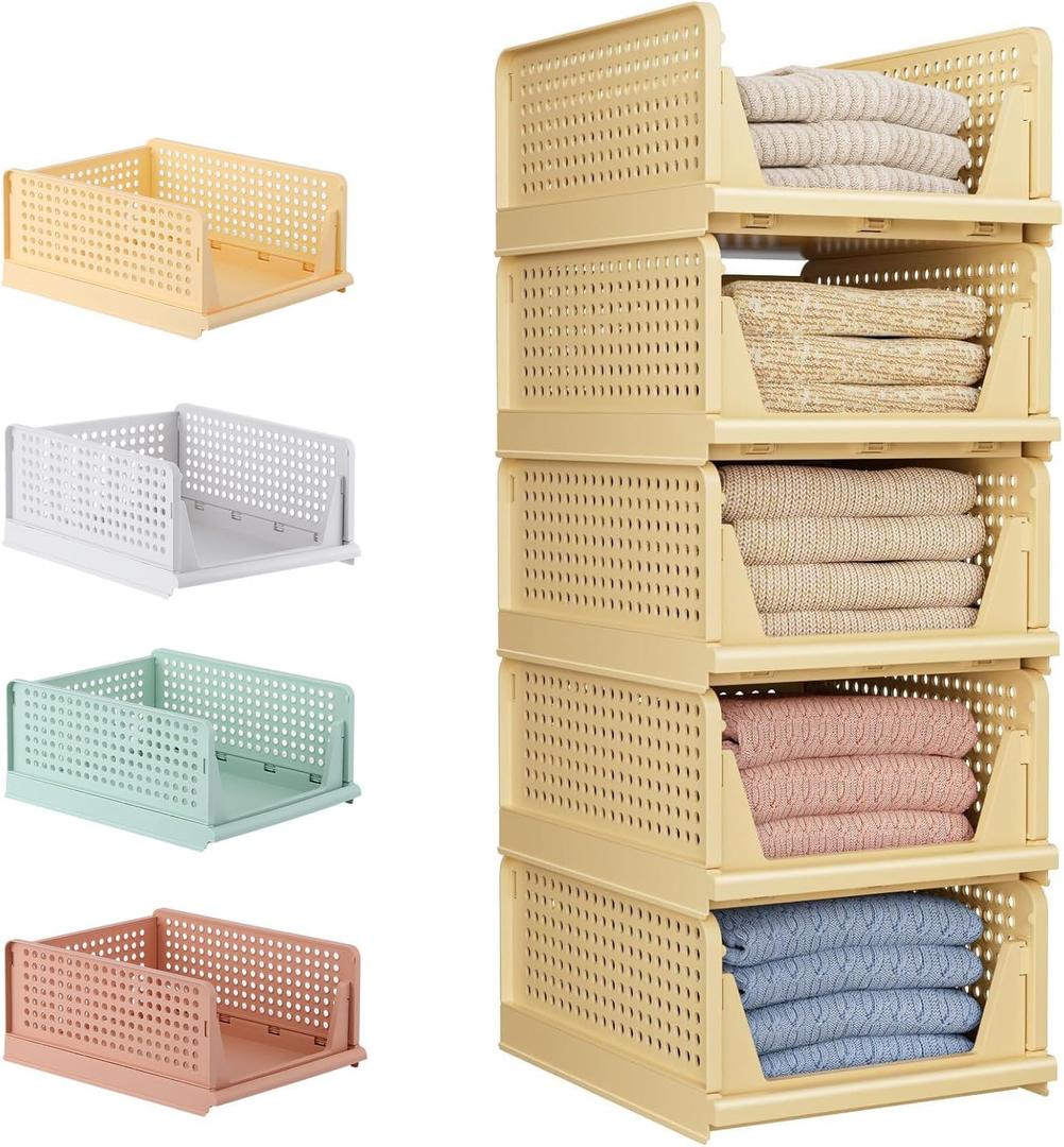 5 Pack Folding Closet Organizers Storage Box, Stackable Storage Bins, Plastic Drawer Basket Closet Storage for Wardrobe Cupboard Kitchen Bathroom Office 5L (Yellow)