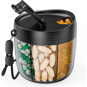 PULIV Portable Pill Dispenser Bottle, Vitamin Organizer with 7 Compartments, Holds Plenty of Supplements with Anti-Mixing & Wide Openings Design, Easy to Retrieve Meds, Includes 20 Pcs Sticky Labels (Black)