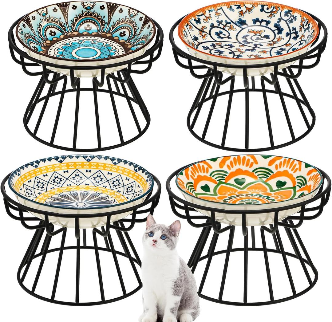Mifoci 8 Pcs Bohemia Elevated Cat Bowls Set Include 5.5 Inch Raised Cat Food Bowls 4 Wide Pet Dishes with 4 Anti Slip Stand Ceramic Food Dish Elevated Plate for Pets Water Feeding(Mandala)