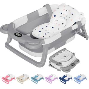 TPN Collapsible Baby Bathtub, Baby Bath Tub with Soft Cushion & Real-Time Thermometer, Baby Bathtub Infant to Toddler Tub (0-36 Months), Portable Newborn Travel Bath tub (Grey)